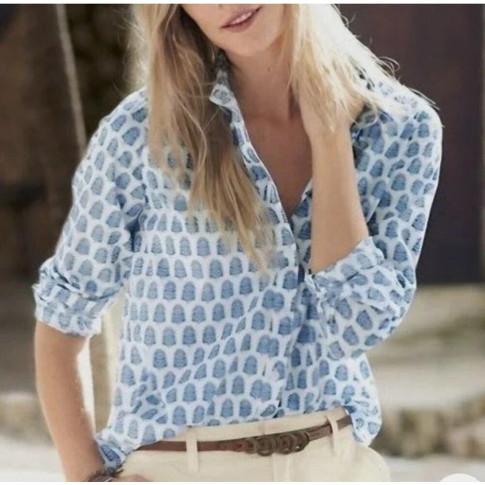 GARNET HILL Blouse Blue Floral Tree Button Up 6
